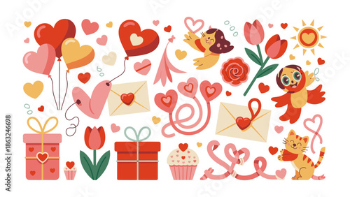 Valentine's Day Elements Collection: A charming collection of Valentine's Day elements, including hearts, balloons, flowers, gifts, and angels.