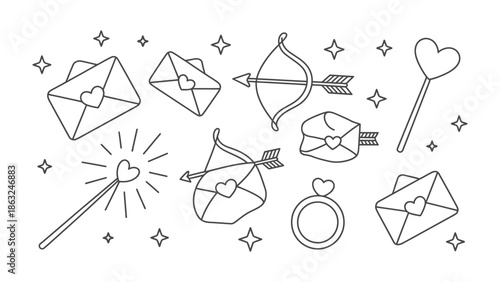 Hearts and Arrows: A collection of heart-themed objects, including envelopes, a bow and arrow, and a ring, are scattered across a canvas of love, suggesting notions of romantic, valentine's day.