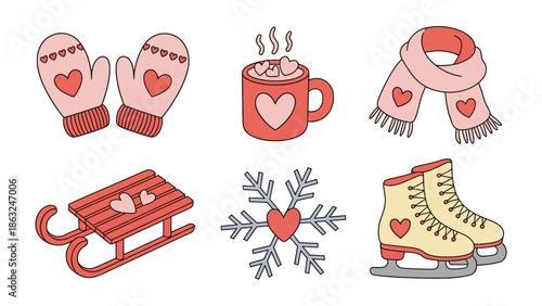 Winter Warmth: This image features six winter items, including a pair of mittens, a mug of cocoa, a scarf, a sled, a snowflake, and a pair of ice skates. Each item is adorned with hearts.
