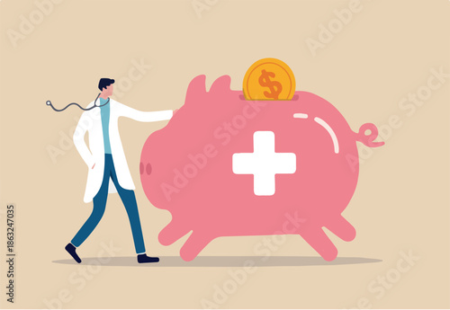 Health saving account, HSA, financial plan saving for medical expense or medicare cost and benefits concept, doctor with stethoscope standing with huge pink piggy bank or coin bank with medical sign.