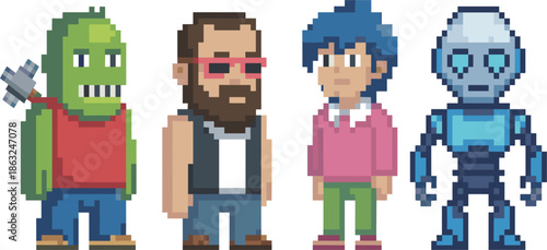 Retro pixel art video game character set including green ogre, bearded man, blue haired person, and robot