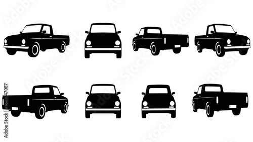 Collection of black silhouette pickup trucks from multiple angles, including front, side, and rear views, isolated on a white background.