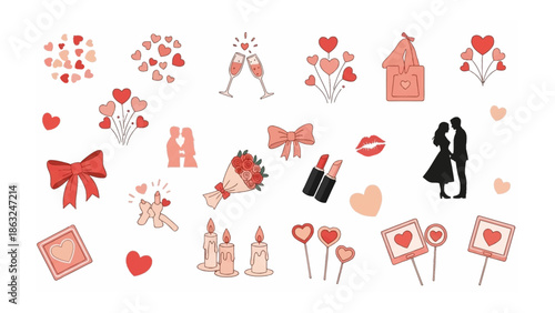 Valentine's Day Icon Set: A whimsical collection of romantic illustrations, featuring hearts, couples, gifts, and symbols of love, perfect for adding a touch of romance to any project.