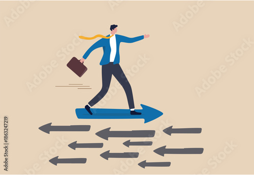 Contrary investment, be different in opposite direction concept, businessman riding arrow in different direction or other people or mainstream.