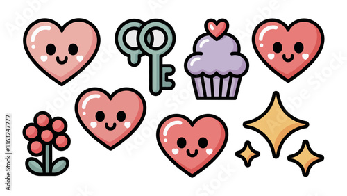 Hearts, Cupcakes, and Keys of Affection: A cute arrangement of hearts, cupcakes, key and star elements, perfect for expressing love, joy, and charm.