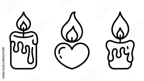 Candle Trio: Delicate black and white line art illustrates a trio of candles, each burning with a gentle flame, embodying peace and remembrance.