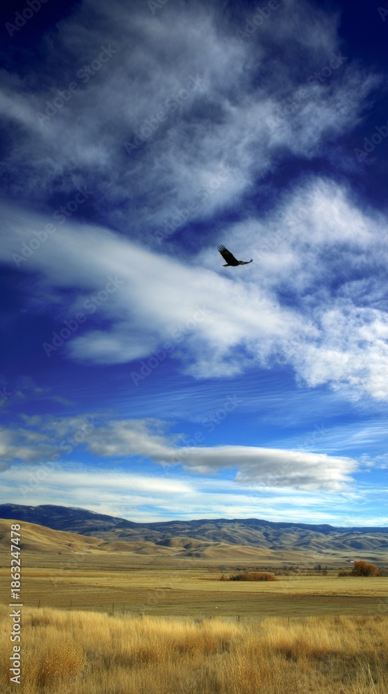 Fototapeta premium skylark. A skylark bird soaring high in the blue sky with its wings fully spread. wildlife magazines, conservation campaigns, designed for eco-tourism storytelling, promotes animal welfare. 