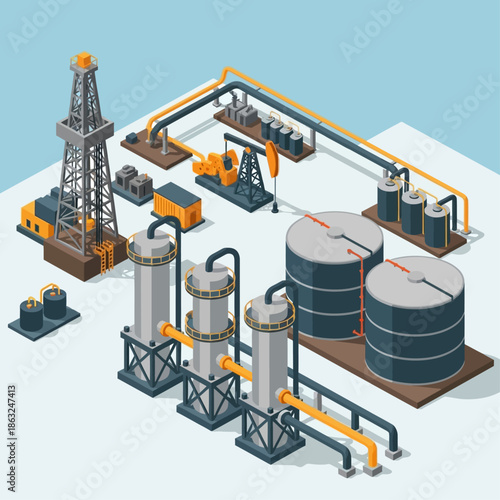 Isometric illustration of an oil and gas production facility with drilling rig, pumpjacks, pipelines, and storage tanks.