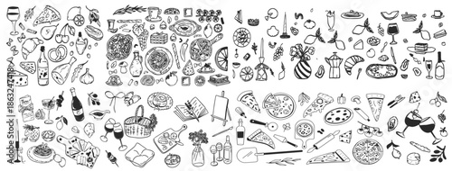 Italian food doodle icons. Pizza, pasta, tomato, lemon, cheese, olive, wine vintage drawing. Line art. Food, seamless pattern. Vector illustration isolated