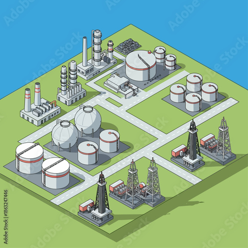 Detailed isometric illustration of an industrial complex with factories, storage tanks, and oil rigs under a blue sky.