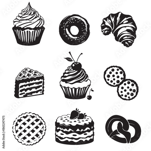Set of vector icons “Black and white desserts from the bakery”