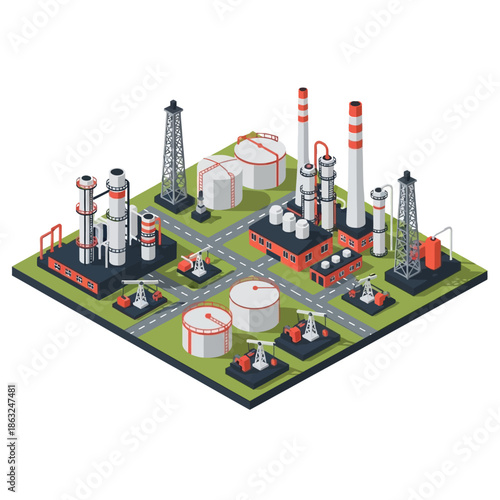Isometric illustration of an industrial factory complex with various machinery and storage tanks.