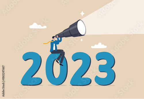 Year 2023 outlook, business opportunity or new challenge ahead, vision to make decision or move forward, plan and perspective concept, confidence businessman look through telescope on year 2023.
