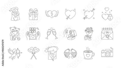 Love's Essentials: Delicate line drawings encapsulate the essence of love and romance, featuring iconic symbols of affection and devotion, ideal for expressing heartfelt sentiments.