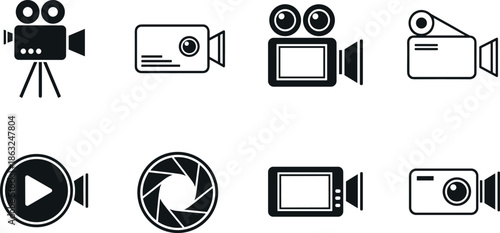 Film and Video Camera Icon Set Professional Cinematography Equipment Symbols for Movie Production Digital Media App Interface and Graphic Design