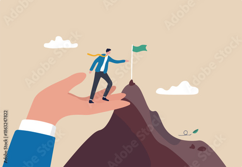 Helping hand, coaching or mentor support employee to achieve business target, inspiration or advantage to reach goal concept, businessman stand on giant helping hand to reach mountain peak target flag