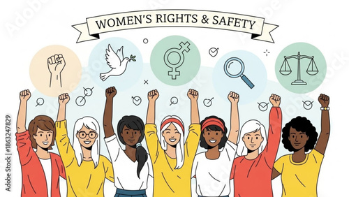 Diverse Women Raising Hands for Womens Rights and Safety Campaign