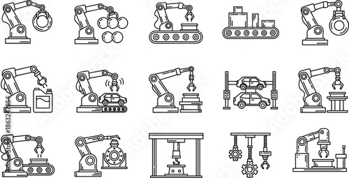 Industrial Robotic Arm Assembly Line Vector Icons Set for Manufacturing Automation Smart Factory Engineering Automotive Production and Advanced Robotics Technology Solutions