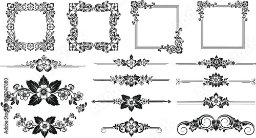 Vintage floral vector design element set featuring decorative square frames horizontal dividers and ornate flower flourishes in black.