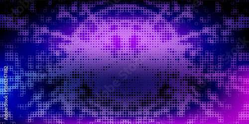 A vibrant digital pixel pattern featuring a seamless blend of pink and blue hues. the boxy elements create an abstract, geometric landscape.