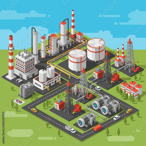 Isometric view of a large industrial oil refinery or chemical plant complex with various processing units, storage tanks, and drilling rigs.