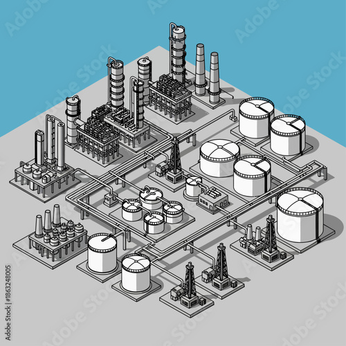 Isometric illustration of an industrial facility with tanks and equipment.