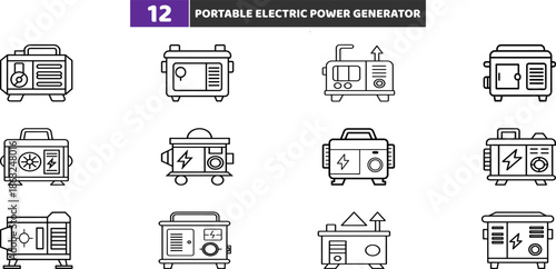 Portable Electric Power Generator Icons Set, Gasoline and Diesel Engine Station Vector Collection