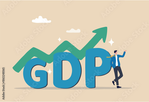 GDP Gross domestic product, import or export for country revenue growth, stock market profit value, annual percentage value report concept, businessman stand with GDP word and growing graph and chart.