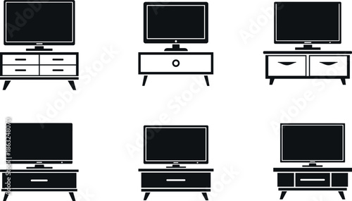 Modern TV Stand and Entertainment Center Vector Icon Set Featuring Various Cabinet Designs Drawers and Minimalist Furniture Silhouettes for Interior Design