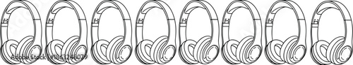 Minimalist Row of Eight Wireless Over-Ear Headphones Line Art Illustration Set for Music Audio Technology and Podcasting Digital Equipment Design