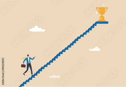 Small steps to success, challenge improve career and achieve target, journey, aspiration to reach goal, patience and persistence concept, businessman walk up small step stair to reach trophy reward