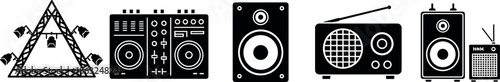 Professional Music Event Equipment Icons Set Including Stage Lighting Truss DJ Mixer Console Studio Speaker Portable Radio and Sound System