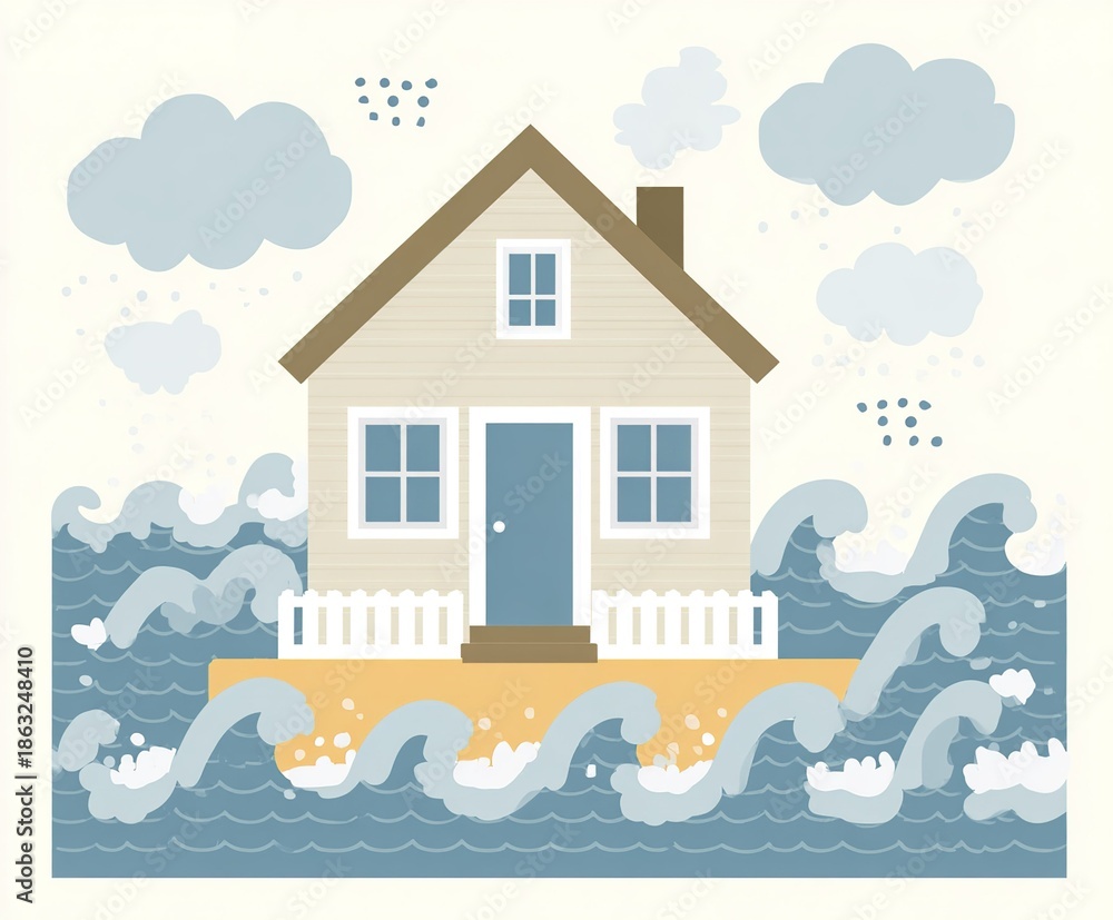 Naklejka premium House surrounded by waves with clouds in the sky during a stormy weather scene