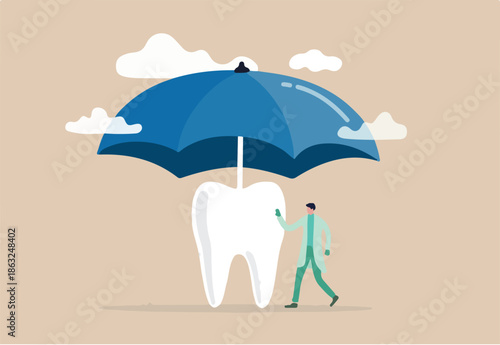 Dental insurance covering healthcare and medical cost, tooth protection or dental care concept, dentist standing with strong clean tooth with big umbrella cover or protect from storm above.