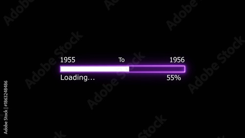 Loading 100 percent complete progress bar digital interface technology modern design white color 4k illustration. New year 1955 to 1956 loading. Neon bright rectangle frame black background.