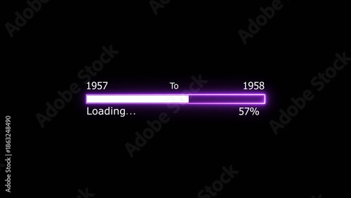 Loading 100 percent complete progress bar digital interface technology modern design white color 4k illustration. New year 1957 to 1958 loading. Neon bright rectangle frame black background.