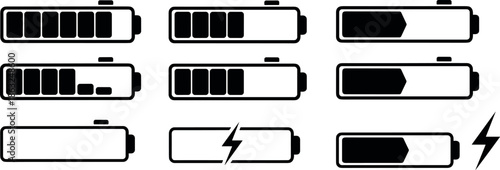 Set of battery charge level indicator icons showing full empty charging status with lightning bolt symbol and energy power bars