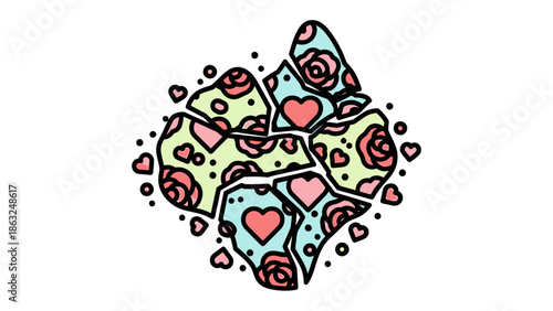 Shattered Love's Core: An illustration showcases a broken heart motif, symbolizing emotional fragility or heartbreak. The design features fragmented pieces adorned with hearts and rose motifs.