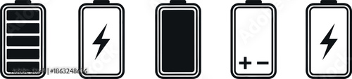 Set of battery life status icons showing full charge levels charging symbols energy power capacity levels and electrical voltage indicators