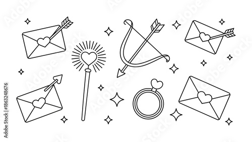 Love Symbols in Black and White: A collection of charming, hand-drawn illustrations that embody the spirit of love and romance, each element radiating charm.