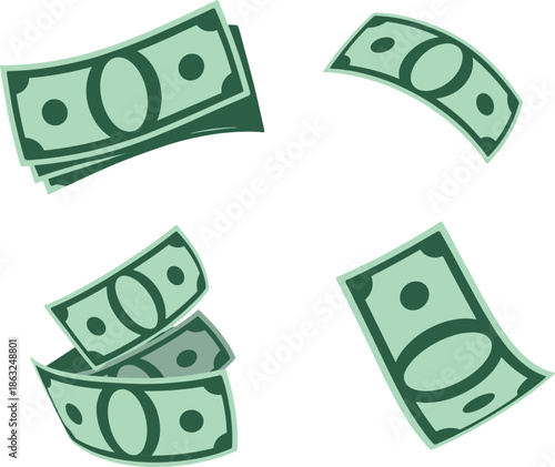 Set of flat green paper money bills and falling currency banknotes, financial success vector illustration set