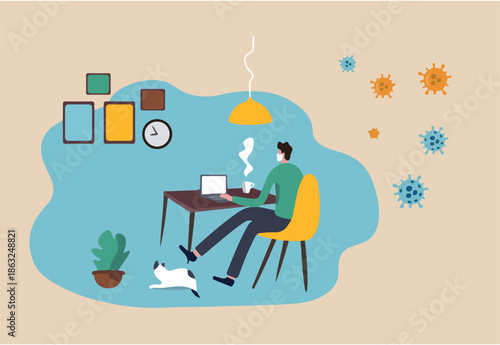 Work from home video conference meeting with team in social distancing Coronavirus COVID-19 pandemic concept, office guy stay home working at home chair conference meeting with team on laptop computer