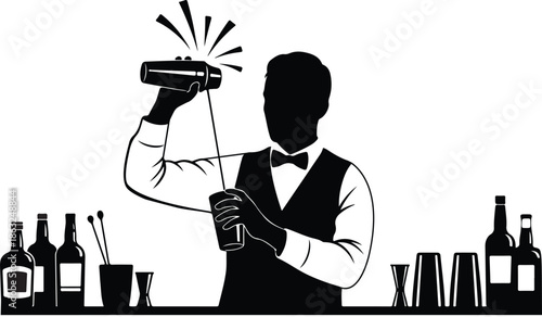 Bartender Mixing Cocktail Behind Bar with Alcohol Bottles