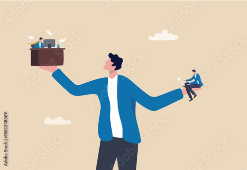 Side job or side hustle to make money, decision or balance between gig economy and main office work, freelancer or salary man routine concept, businessman balance between main work and side hustle