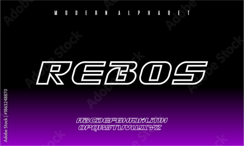 Modern alphabet font RebOS with white outline.