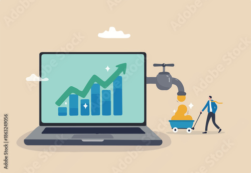 Make money online, earning profit from online investment, internet or e-commerce, sell product online, affiliate marketing concept, businessman making money coins online website from computer laptop.