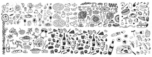 Italian food doodle icons. Pizza, pasta, tomato, lemon, cheese, olive, wine vintage drawing. Line art. Food, seamless pattern. Vector illustration isolated