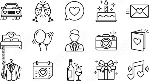 Black Line Wedding Icons Set Featuring Celebration Symbols Like Cake Champagne Balloons Camera Gift Card Groom Suit Heart And Calendar