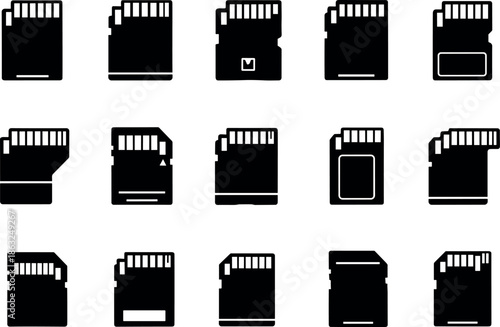 Set of SD Memory Card Vector Icons Isolated on White Background for Data Storage Technology Digital Media and Hardware Design