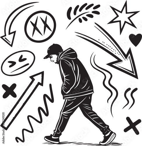 Street Art Walking Man with Abstract Graffiti Elements